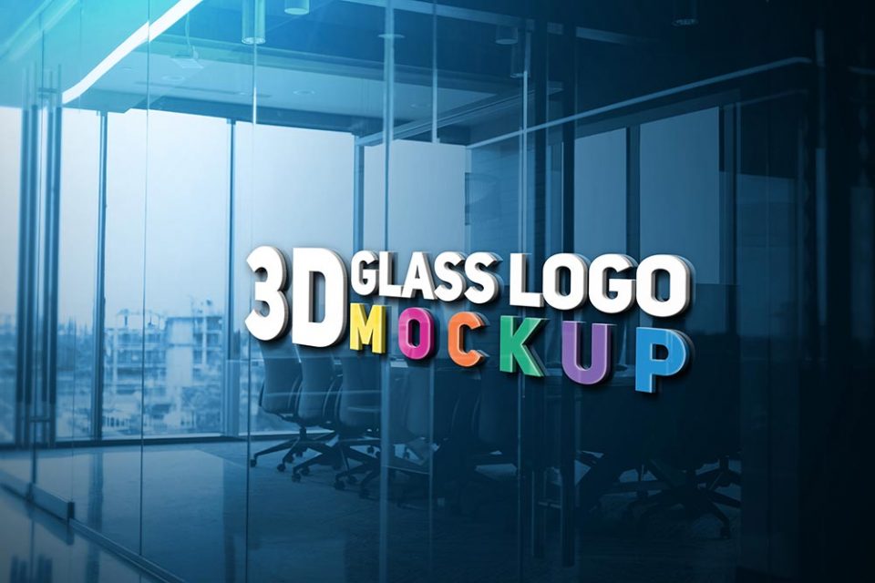 3d glass wall logo mockup