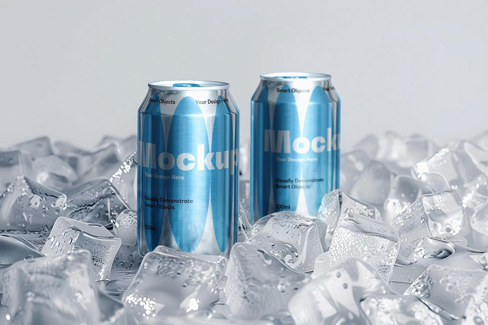 Free Ice Cubes Soda Cans Mockup