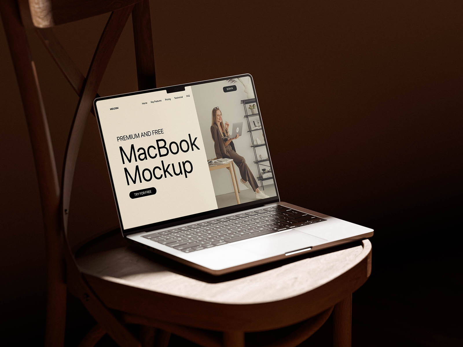Free Wooden Chair MacBook Mockup PSD Free Wooden Chair MacBook Mockup PSD