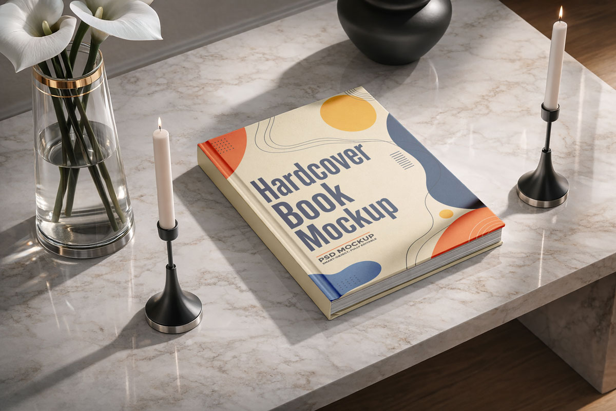 Free Marble Table Hardcover Book Mockup Free Marble Table Hardcover Book Mockup
