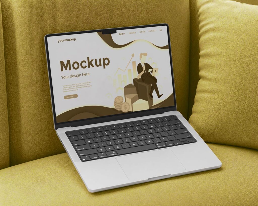Free Macbook Pro on Sofa Mockup | Mockuptree